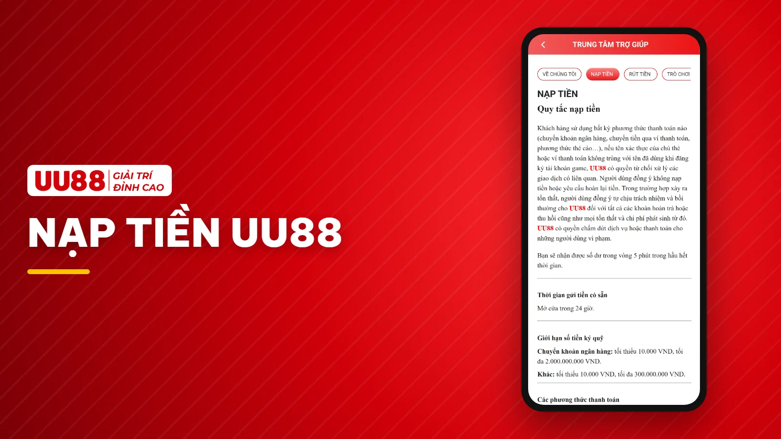 Nạp tiền UU88 qua ngân hàng, ví điện tử và USDT