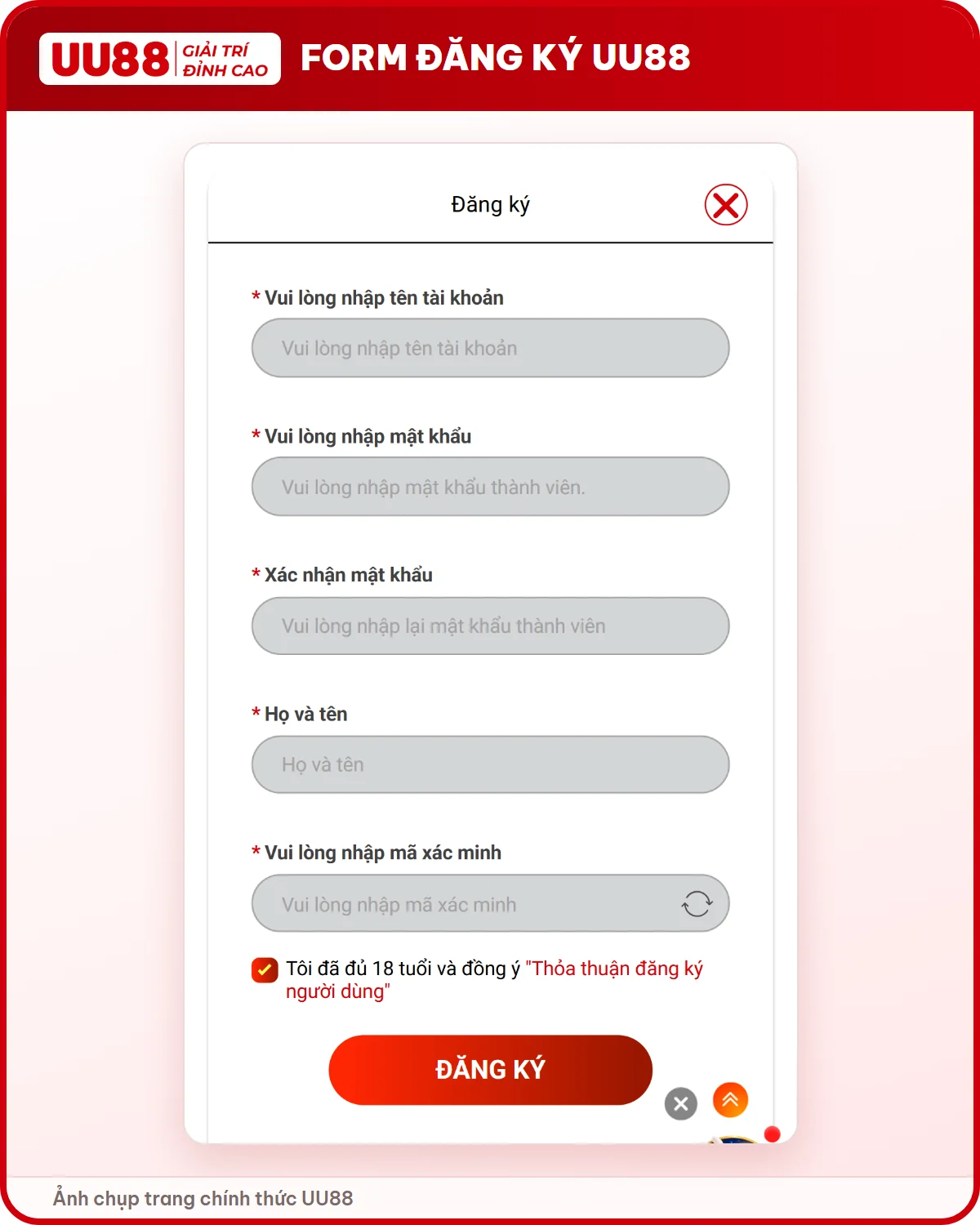 Form đăng ký tài khoản UU88 với 5 ô cần điền
