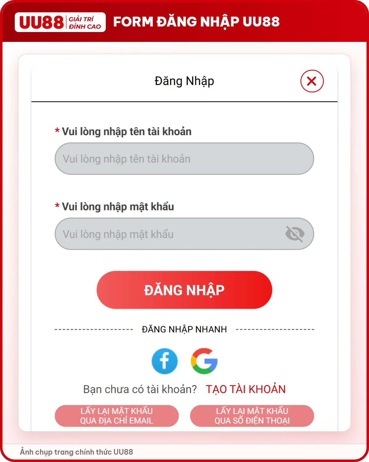 Form đăng nhập UU88 với tên tài khoản, mật khẩu và đăng nhập nhanh