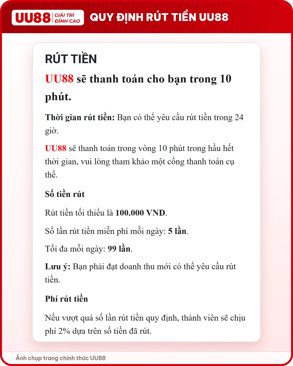 Quy định rút tiền trong trung tâm trợ giúp UU88