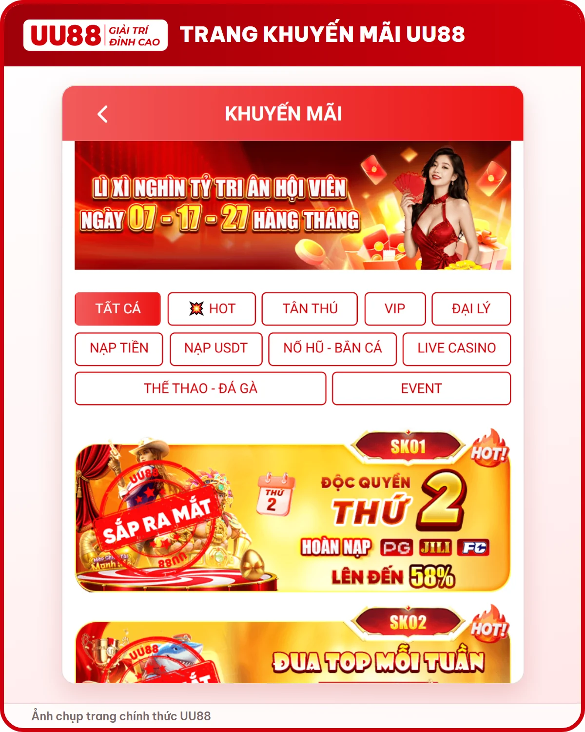 Trang khuyến mãi UU88 chia theo nhóm Tân thủ, VIP, Nạp tiền