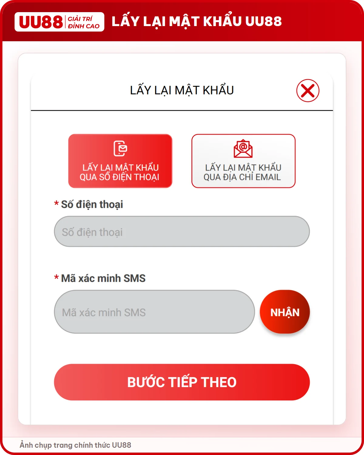 Mục lấy lại mật khẩu UU88 qua số điện thoại hoặc email
