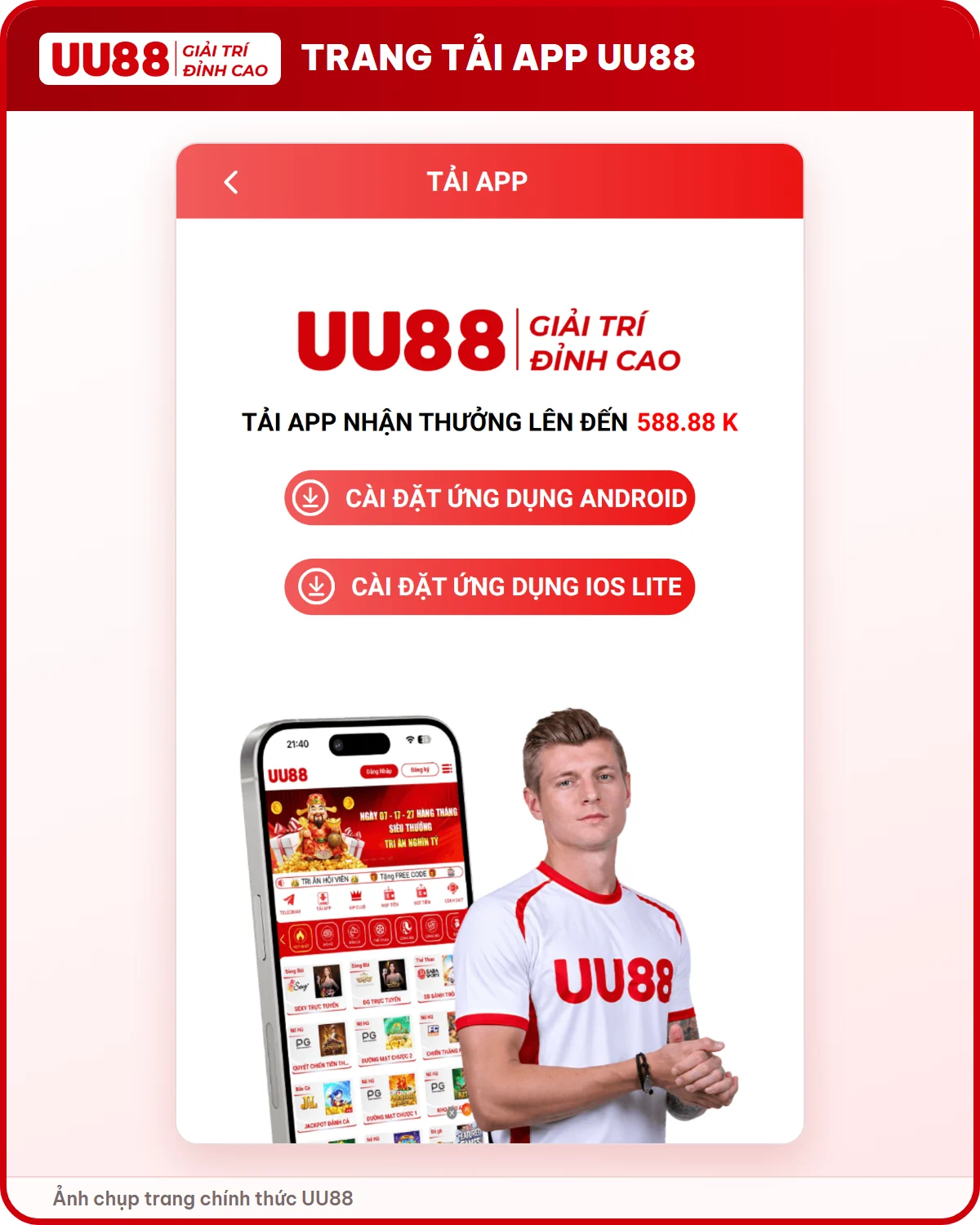 Trang tải app UU88 với nút cài Android và iOS Lite