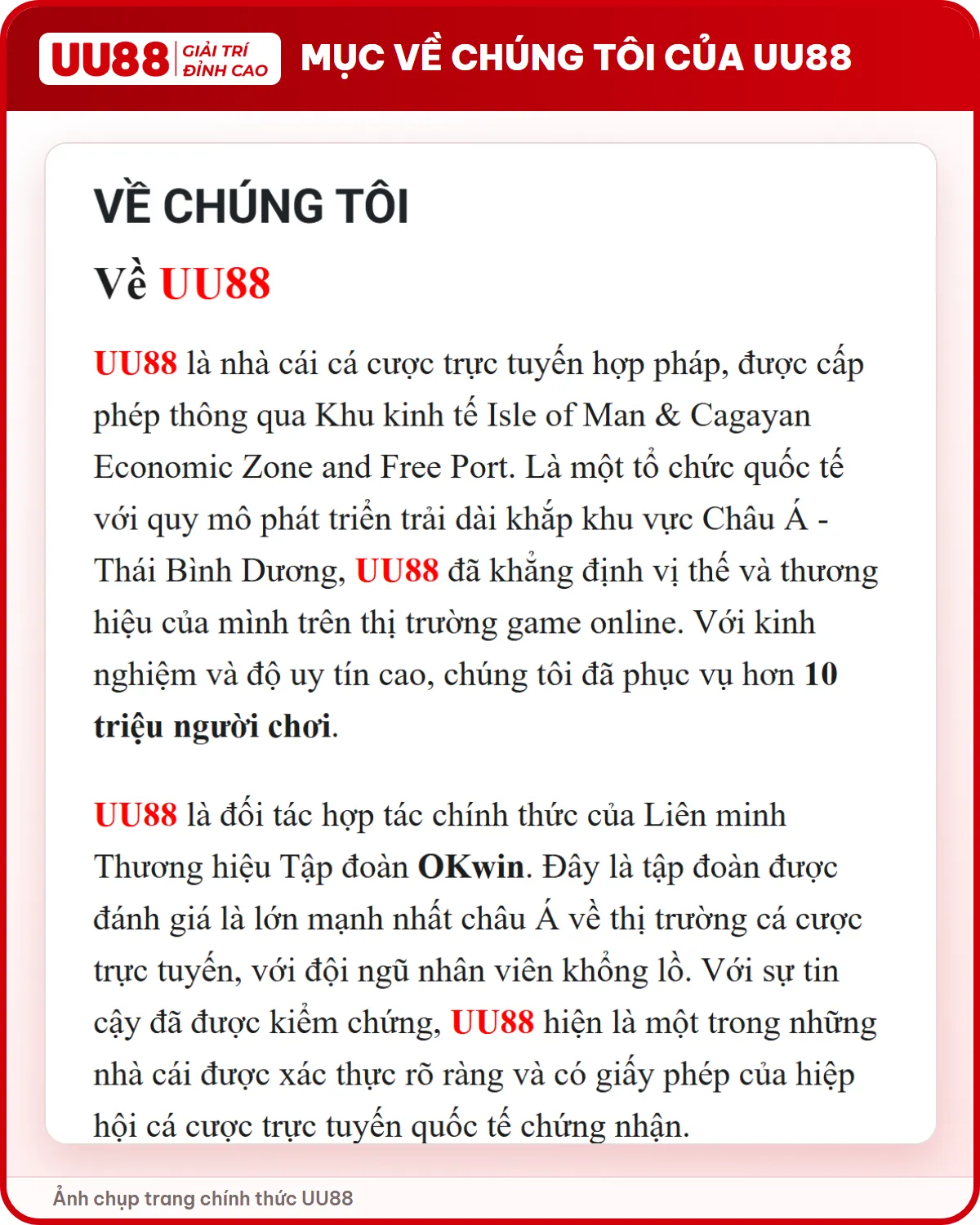 Mục Về chúng tôi trong trung tâm trợ giúp UU88