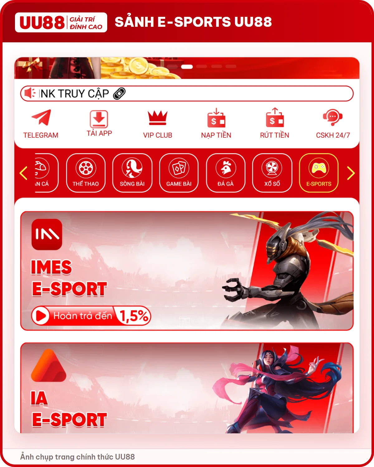Sảnh E-sports UU88 với IMES, IA và TF E-sport