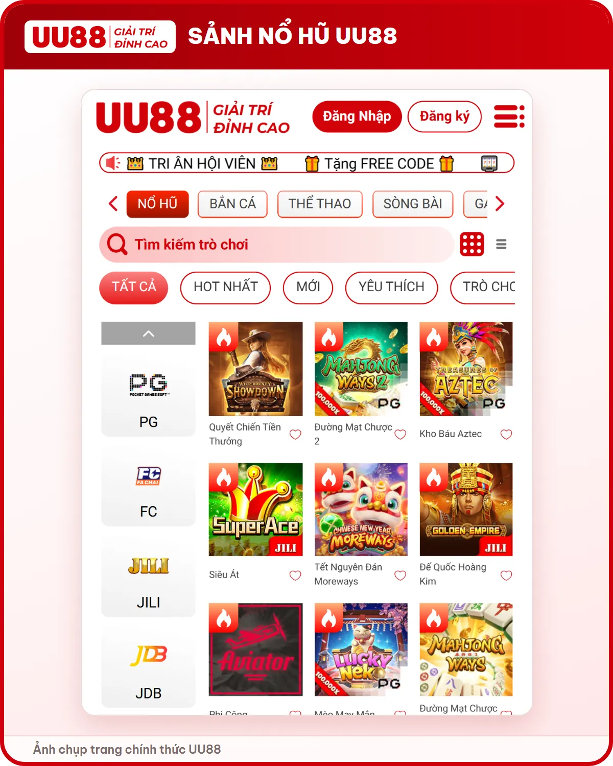 Sảnh nổ hũ UU88 chia theo nhà cung cấp PG, FC, JILI