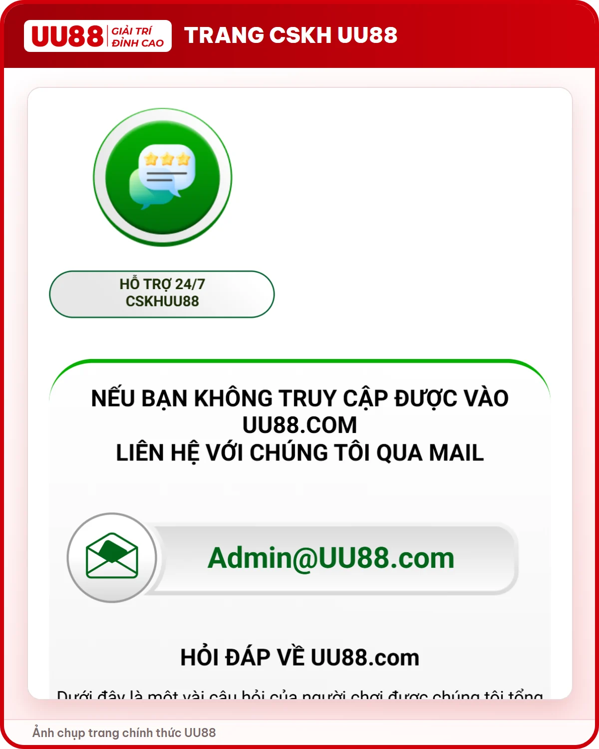 Trang chăm sóc khách hàng UU88 với hỗ trợ 24/7 và email