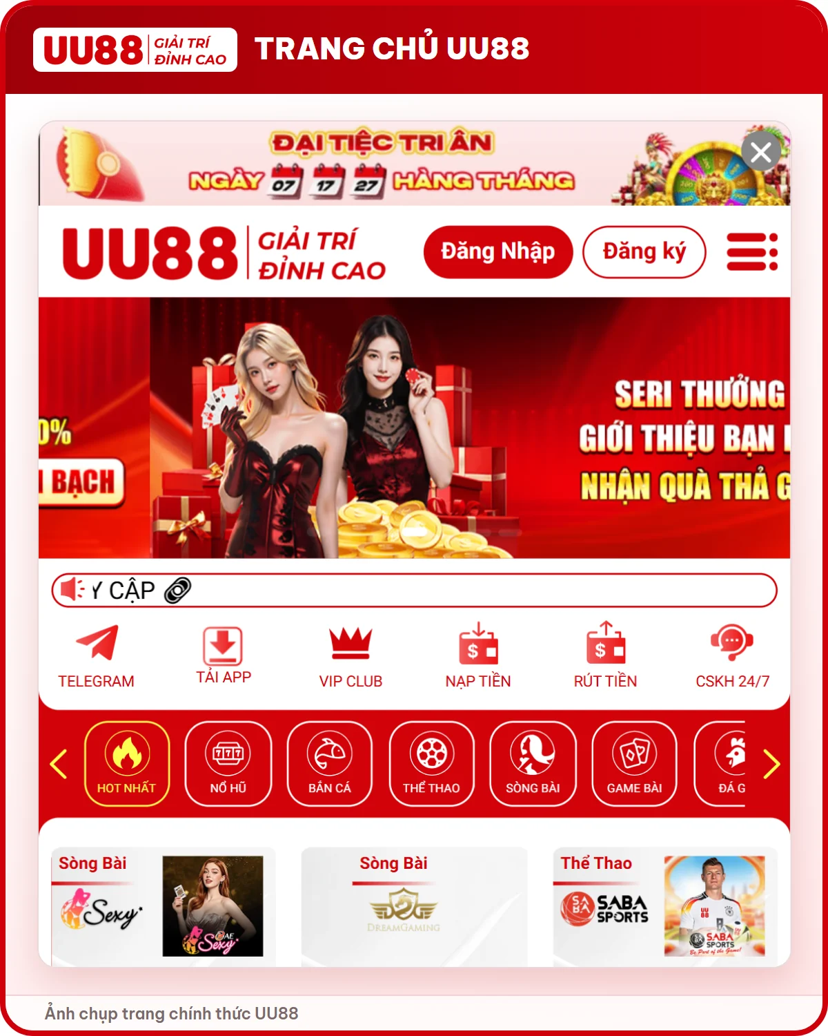 Trang chủ UU88 trên điện thoại với nút Đăng ký ở góc phải đầu trang