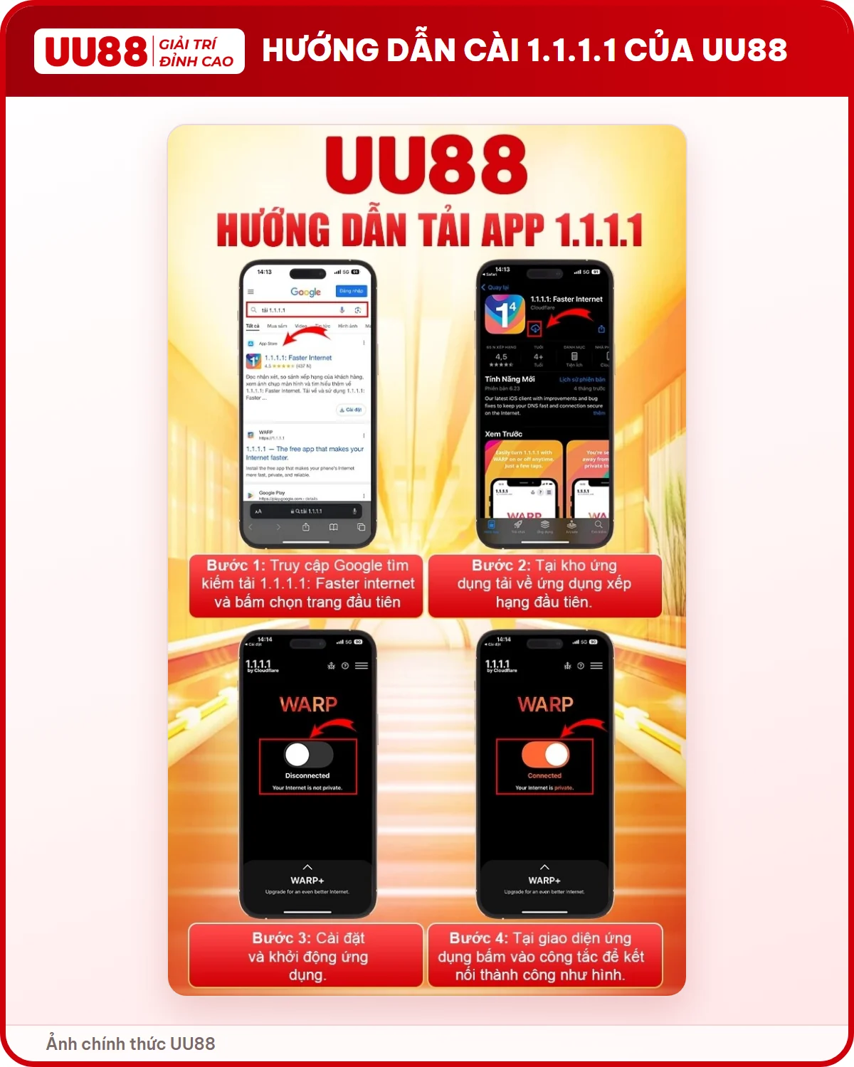 Hướng dẫn tải app 1.1.1.1 của UU88 gồm 4 bước