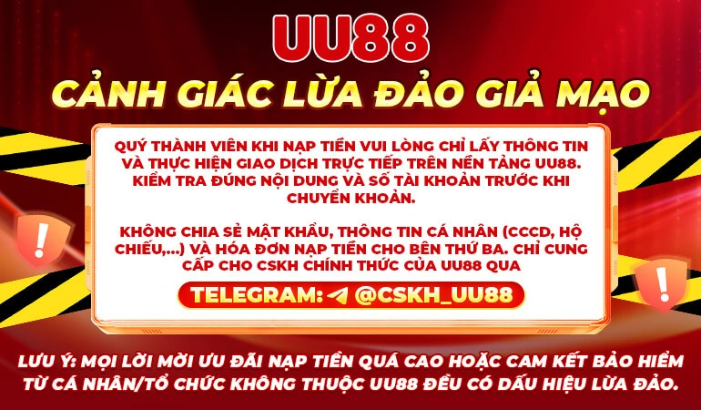 Banner cảnh báo lừa đảo giả mạo của UU88 kèm Telegram CSKH